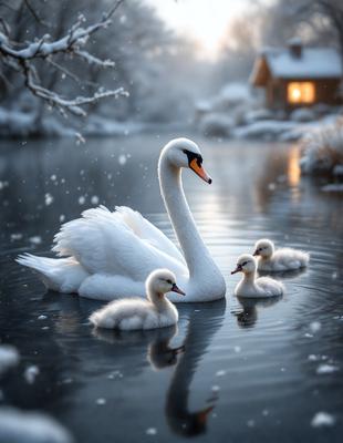 The primary subject of the image is a white swan with its young ones. The swan is floating in a body of water, surrounded by a serene environment. The visual style of the image is a photo, capturing the beauty of the swan and its offspring. The colors and mood of the image are predominantly white, creating a sense of tranquility and harmony with nature.